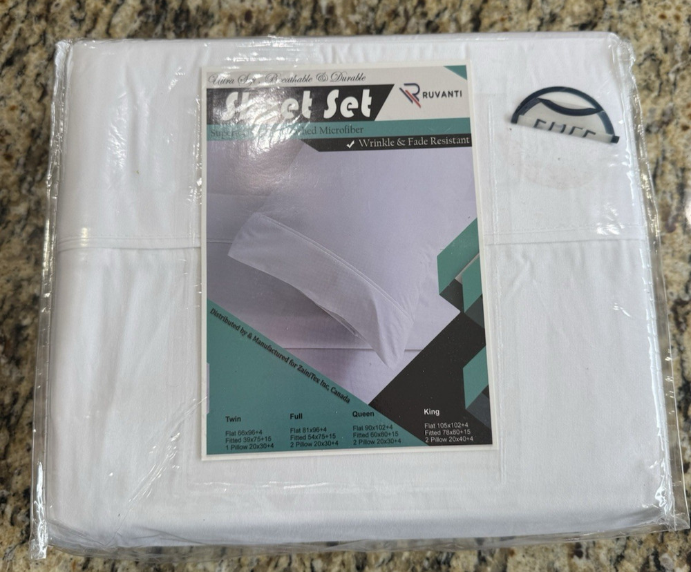 Ruvanti 4 Pc 100% Cotton Sheet Set Full Size White Deep Pocket Bed Sheets NEW